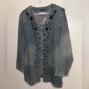 Vintage Denim Button Front  beaded Embroidered Tunic Top